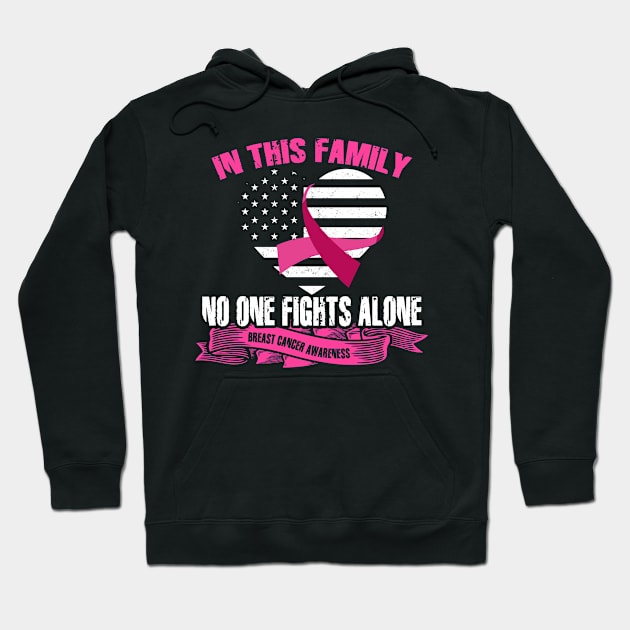 In This Family No One Fights Alone Breast Cancer American Flag Pink Ribbon Hoodie by William